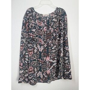 Ann Taylor LOFT Floral Print Button Front Blouse XL Pink Teal Long Sleeve Top